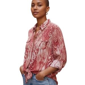 Chicos Tie Front Top Button Down Long Sleeve Geometric Blouse Shirt SZ 2 L 12